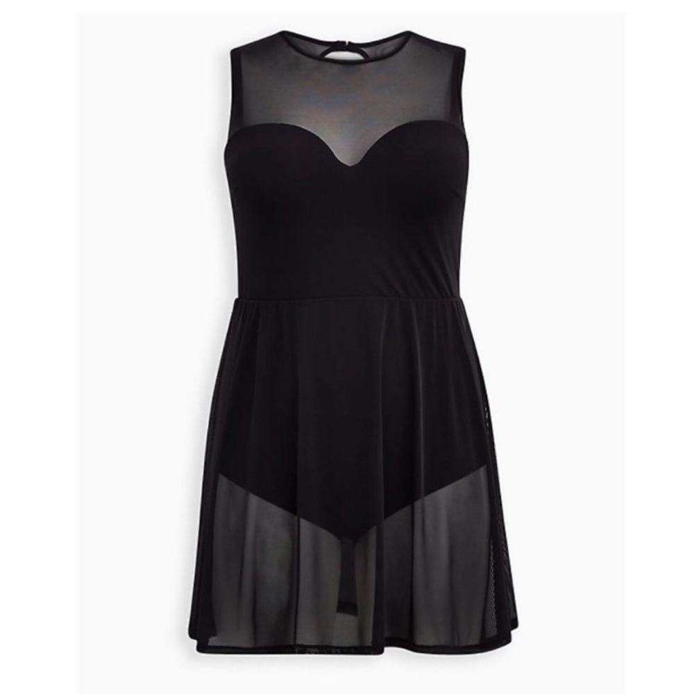 EUC TORRID C/D CUP - UNDERWIRE ONE-PIECE PEPLUM LONG SWIM DRESS - MESH 5JT